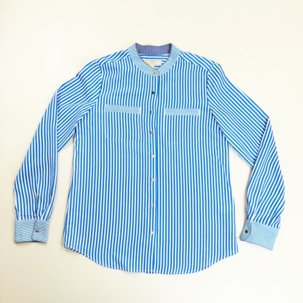BANANA REPUBLIC Banker Blouse Small Striped Contrast Piping Gold Buttons Blue